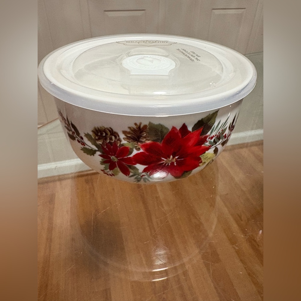 GRACE PANTRY Christmas Flower Floral  Ceramic Bowl w LID & DIAL VENT  5”